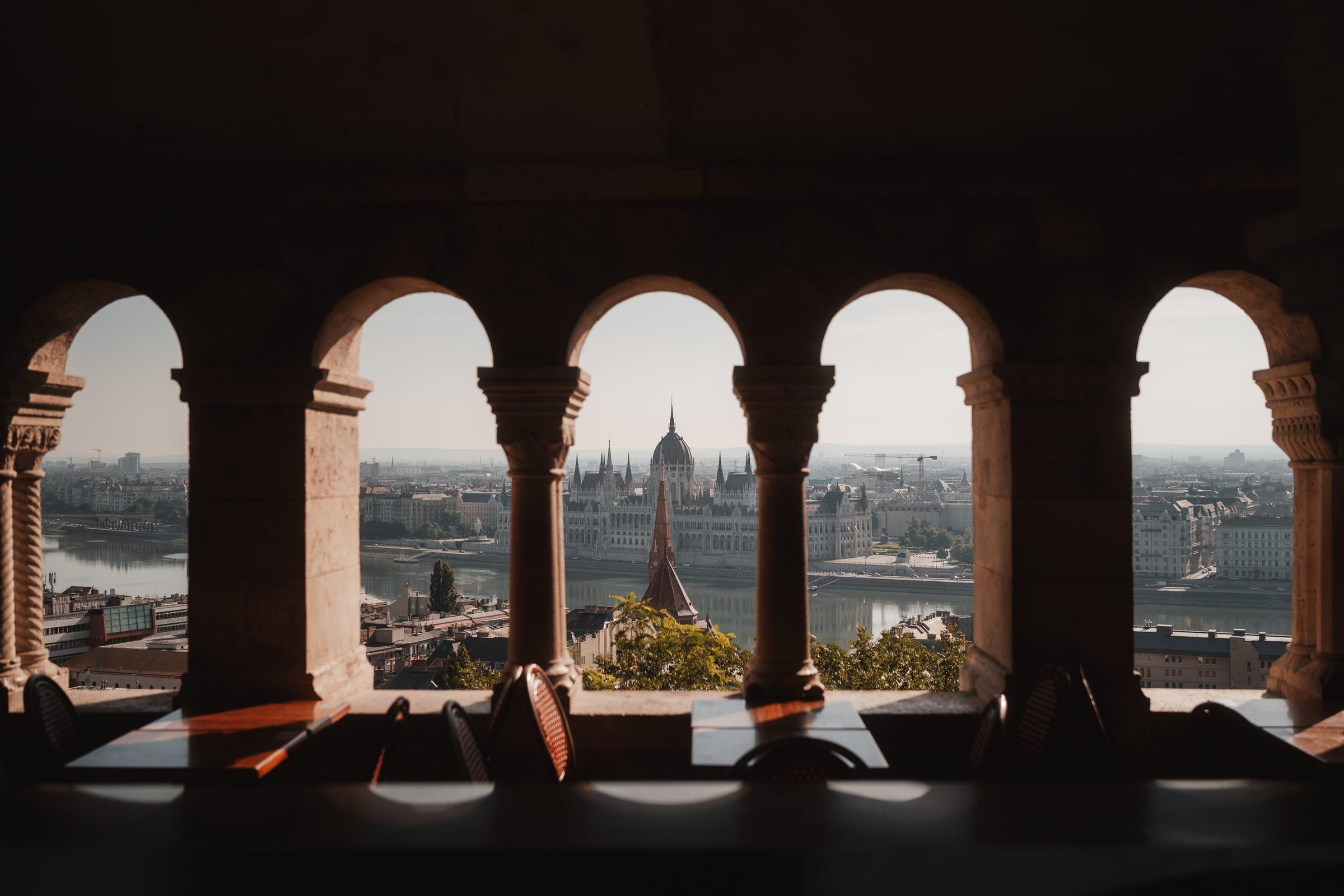The Bastion arcade looking out over the Danube to Parliament