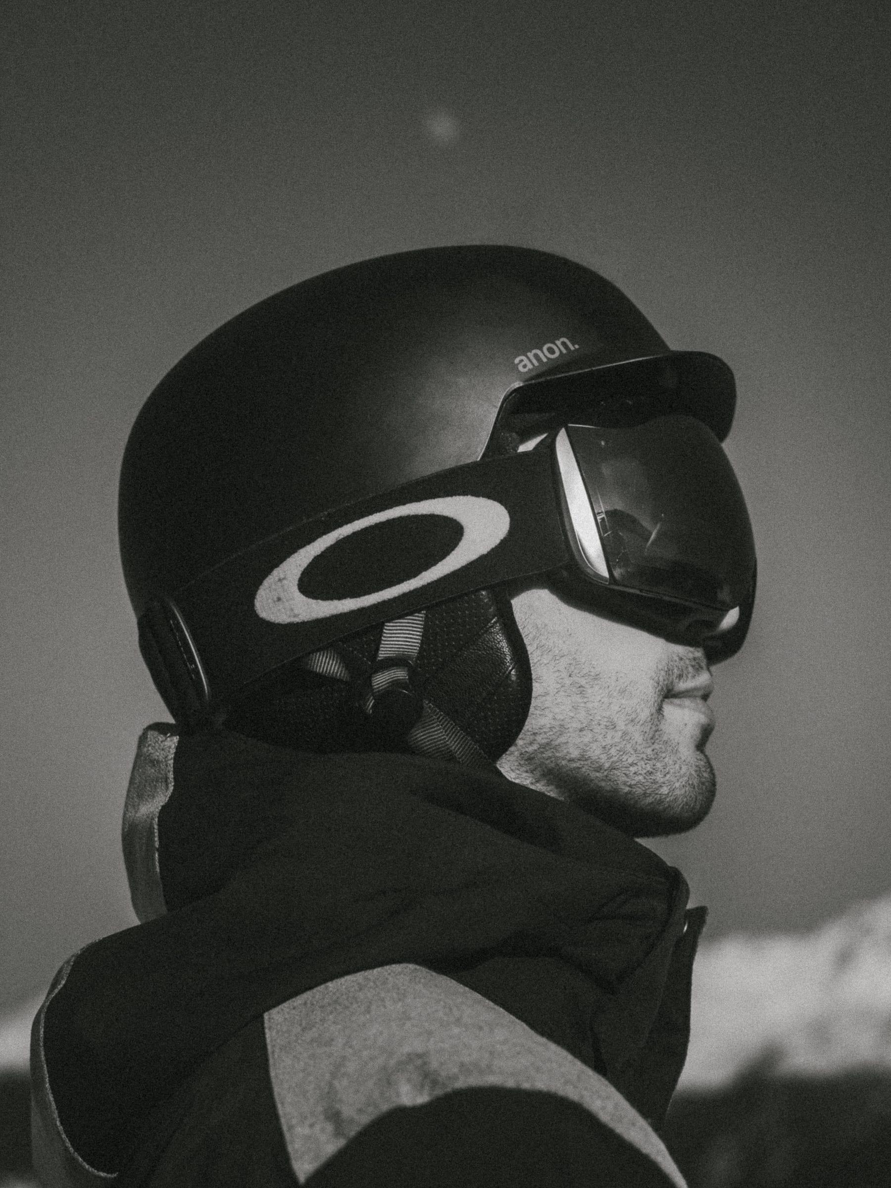 Close in on the helmet and goggles, everything else gone to grey