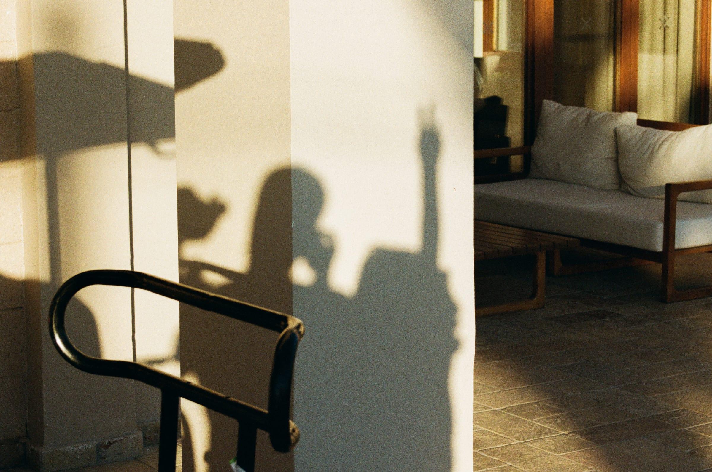 Both our shadows thrown up the white wall beside the bench